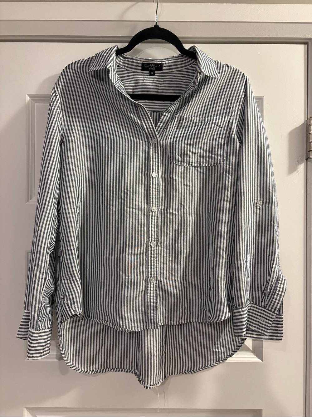 Blue Grey and White Striped Button-Up Shirt